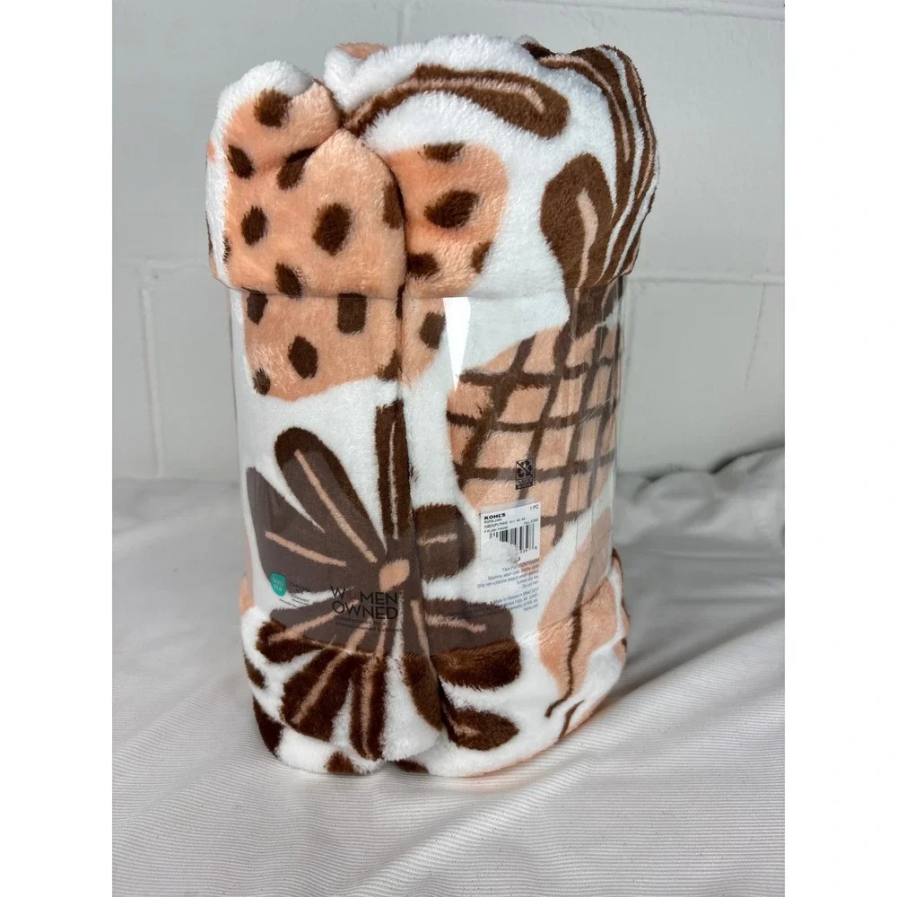 The Big Ones Plush Autumn Throw Oversized 5x6 Mushroom Leaf Brown Peach White